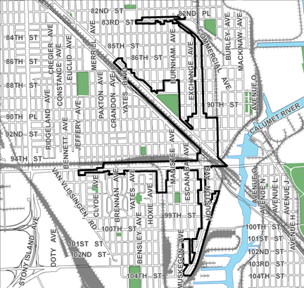 Commercial Avenue TIF district, roughly bounded on the north by 83rd Street, 104th Street on the south, Brandon Avenue and the Pennsylvania Railroad tracks on the east, and Jeffery Avenue on the west.